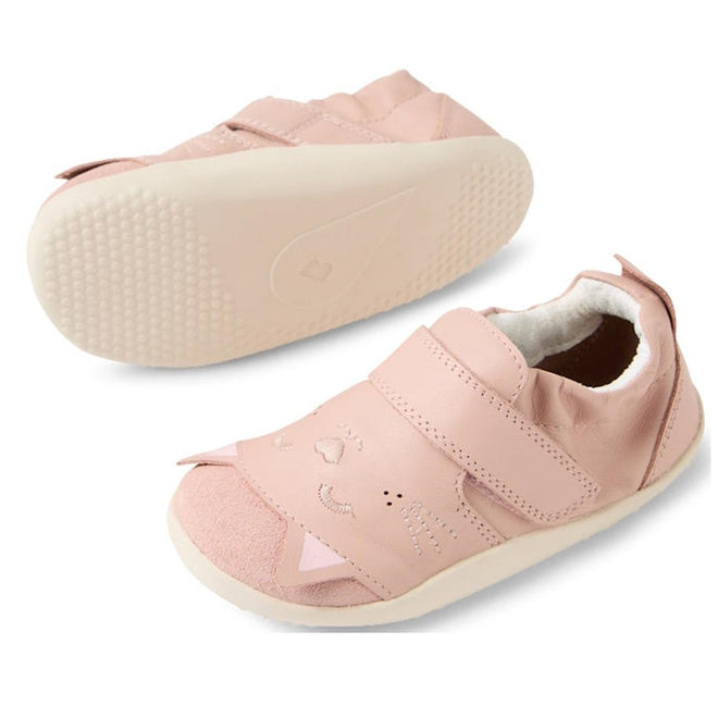 Bobux XP Xplorer Purr First Walking Shoes in Cameo Rose Pink feature white soles, a cat face design with ears, and an adjustable strap. Shown are one shoe from the top and the other from the sole., 9420074805959, 9420074805966, 9420074805973, 9420074805980