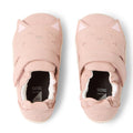 The Bobux XP Xplorer Purr First Walking Shoes in Cameo Rose Pink feature cat faces and ears, an adjustable strap, and white soles. The soft leather toddler shoes are shown side by side with toes facing upward., 9420074805959, 9420074805966, 9420074805973, 9420074805980