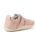 The Bobux XP Xplorer Purr First Walking Shoes in Cameo Rose Pink are soft leather toddler shoes with a white sole, side cutouts, an elasticized heel, and adjustable strap—ideal as pre-walker shoes. Shown from the back and side., 9420074805959, 9420074805966, 9420074805973, 9420074805980