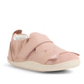 The Bobux XP Xplorer Purr First Walking Shoes in Cameo Rose Pink feature a soft pink design, white sole, large adjustable strap, and an embroidered cat face with whiskers and nose on the front—perfect for pre-walkers., 9420074805959, 9420074805966, 9420074805973, 9420074805980