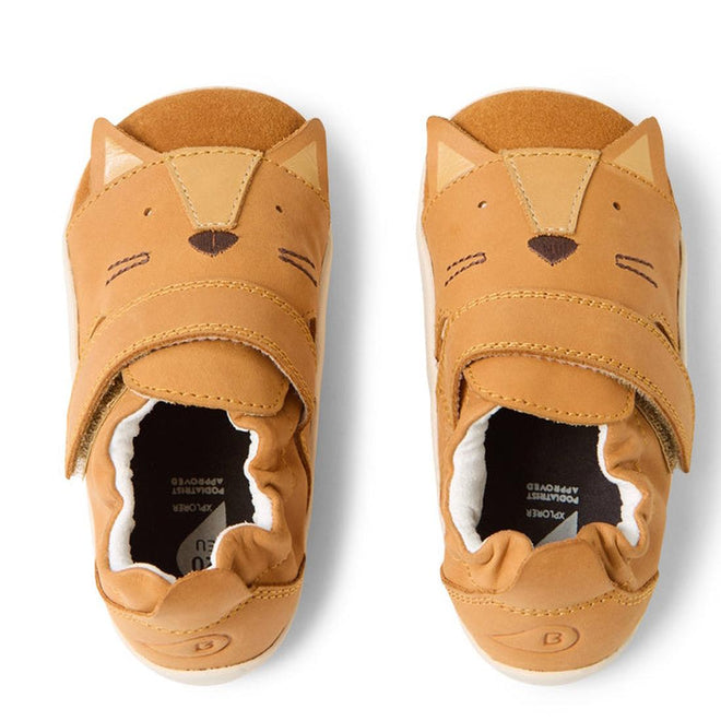 The Bobux XP Xplorer Rummage First Walking Shoes in Pumpkin Spice Orange are toddler pre-walker leather shoes with cat face details, Velcro straps, an elastic heel, and a flexible EVA sole for comfort., 9420074805904, 9420074805911, 9420074805928, 9420074805935