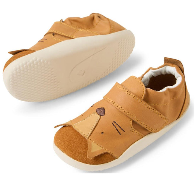 The Bobux XP Xplorer Rummage First Walking Shoes in Pumpkin Spice Orange feature cat face designs with stitched whiskers, flexible EVA soles, and Velcro straps—perfect pre-walker shoes for toddlers., 9420074805904, 9420074805911, 9420074805928, 9420074805935