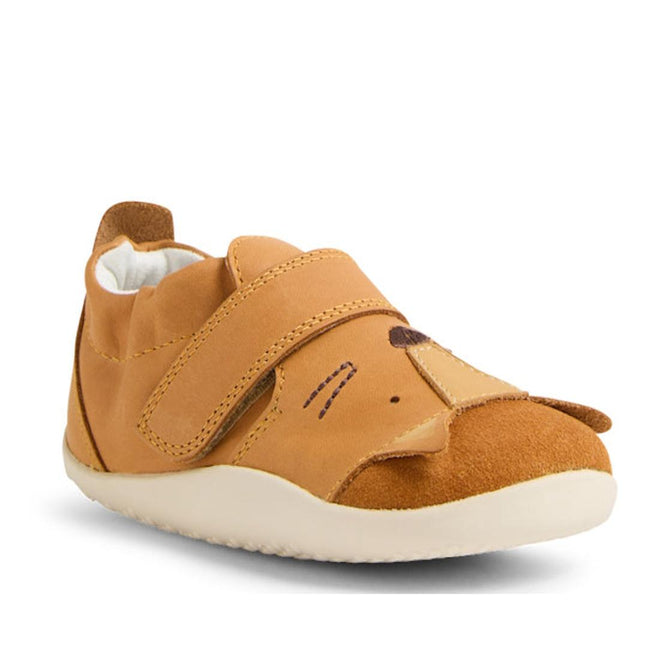 Bobux XP Xplorer Rummage First Walking Shoes in Pumpkin Spice Orange feature cute animal details, front ears, a Velcro strap, flexible EVA sole for comfort, and a white rubber base—perfect pre-walker shoes for toddlers., 9420074805904, 9420074805911, 9420074805928, 9420074805935