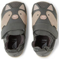 The Bobux XP Xplorer Scrunch First Walking Shoes in Smoke Grey are kids' pre-walker shoes featuring gray and beige colors, velcro straps, and playful animal face designs with ears, eyes, and a nose on the toes., 9420074805850, 9420074805867, 9420074805874, 9420074805881, 9420074805843, 9420074805850, 9420074805867, 9420074805874, 9420074805881