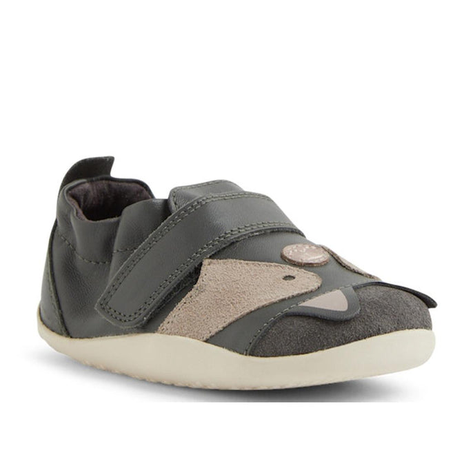 The Bobux XP Xplorer Scrunch First Walking Shoes in Smoke Grey feature beige accents, an adjustable strap, a cute animal face on the toe, and a light rubber sole—ideal pre-walker shoes for toddlers., 9420074805850, 9420074805867, 9420074805874, 9420074805881, 9420074805843, 9420074805850, 9420074805867, 9420074805874, 9420074805881
