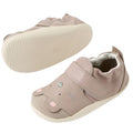 Bobux XP Xplorer Squeaky Critters First Walking Shoes in taupe feature soft leather, a velcro strap, and a cushioned white sole. The front has an adorable animal face with embroidered details and ears. One shoe is shown from the side, one from the bottom., 9420074805799, 9420074805805, 9420074805812, 9420074805829, 9420074805836