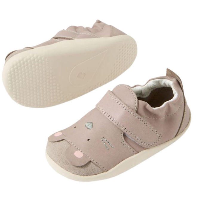 Bobux XP Xplorer Squeaky Critters First Walking Shoes in taupe feature soft leather, a velcro strap, and a cushioned white sole. The front has an adorable animal face with embroidered details and ears. One shoe is shown from the side, one from the bottom., 9420074805799, 9420074805805, 9420074805812, 9420074805829, 9420074805836