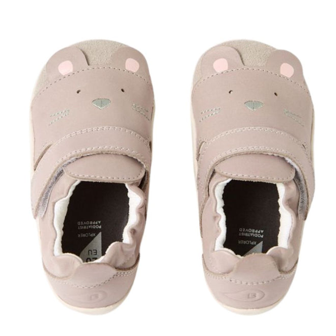 The Bobux XP Xplorer Squeaky Critters First Walking Shoes in Taupe are soft leather baby shoes with velcro straps, cute mouse face details, and an Xplorer sole—perfect first walkers for little explorers., 9420074805799, 9420074805805, 9420074805812, 9420074805829, 9420074805836