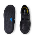 The Bobux Kid+ Black School Leather Shoe Traverse Trainer is a durable kids’ school shoe with two adjustable Velcro straps. One sneaker-style shoe is shown from the top, and the other from the bottom reveals a textured sole with a blue “30” detail., 9420075762978, 9420075762985, 9420075762992, 9420075763005, 9420075763012, 9420075763029, 9420075763036