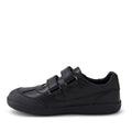 The Bobux Kid+ Black School Leather Shoe Traverse Trainer is a black, low-profile sneaker with two hook-and-loop straps and a textured sole, shown side-on against a plain white background., 9420075762978, 9420075762985, 9420075762992, 9420075763005, 9420075763012, 9420075763029, 9420075763036