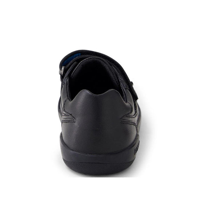 A Bobux Kid+ Black School Leather Shoe Traverse Trainer, sneaker-style, is shown from the back against a white background, highlighting its heel, sole, and part of the collar., 9420075762978, 9420075762985, 9420075762992, 9420075763005, 9420075763012, 9420075763029, 9420075763036