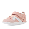 A single Bobux Xplorer XP Chase Ballet Pink First Walker Crawler sneaker, featuring a white sole, white stripe detail, and Velcro strap, is displayed at an angle on a plain white background—making it a perfect choice for stylish pre-walker shoes., 9420074850683, 9420074850690, 9420074850706, 9420074850713