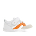 The Bobux Xplorer XP Chase White Orange Peel First Walker Crawler features a white design with a beige toe, orange accent on the side, gray laces, and a Velcro strap. These pre-walker shoes have a flexible sole to provide comfort and support for little feet., 9420074850737, 9420074850744, 9420074850751, 9420074850768