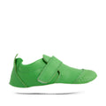 Shown against a white background is the Bobux Xplorer XP Go Retro Green First Walker Crawler—a green baby shoe featuring a Velcro strap and white sole. Crafted from flexible leather, these shoes are perfect for first walkers, providing gentle support for little feet., 9420074808981, 9420074808998, 9420074809001