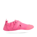 Introducing the Bobux Xplorer XP Go Pink Lemonade First Walker Crawler—a vibrant pink, soft leather baby shoe featuring a Velcro strap, elasticized ankle, and white sole. Shown in a side profile view on a white background, it’s the perfect first walker shoe for your little one., 9420074809032, 9420074809049, 9420074809056