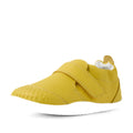 The Bobux Xplorer XP Go Mango Mint First Walker Crawler is a single yellow children’s shoe with a white sole, crafted from soft leather and featuring a hook-and-loop strap and textured toe area for added grip—displayed on a white background., 9420074809339, 9420074809346, 9420074809353