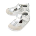 Your rewritten sentence using the product data: The Bobux XP Explorer Rue First Walker Sandal in Silver features a pair of shiny silver baby shoes with beige toe caps, white soles, and easy Velcro straps—perfect as first walking shoes. Heart-shaped cutouts decorate the tops of these stylish pre-walker sandals., 9420074851192, 9420074851208, 9420074851215