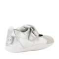 The Bobux XP Explorer Rue First Walker Sandal in silver, featuring a white sole, velcro strap, and reinforced toe—perfect as first walking or pre-walker shoes—is shown from the back against a white background., 9420074851192, 9420074851208, 9420074851215