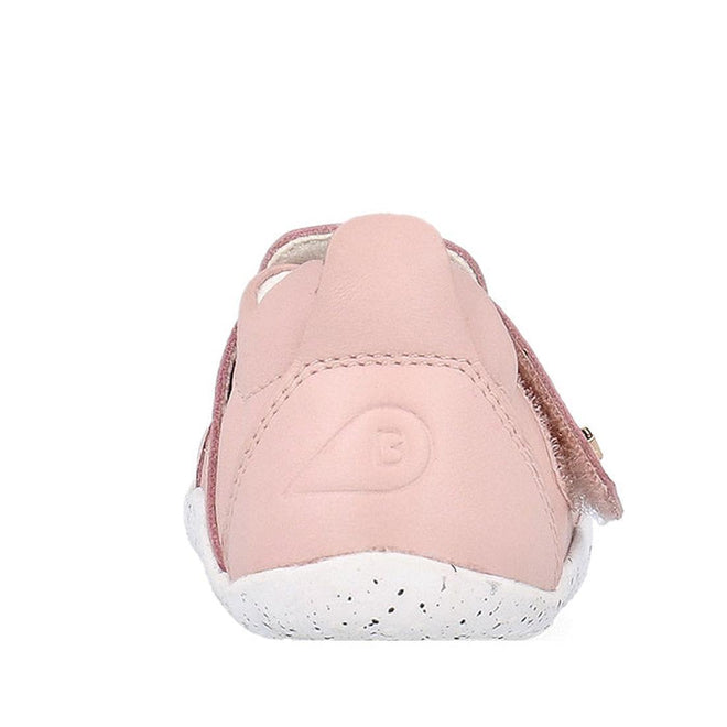 Rear view of the Bobux XP Explorer Beau First Walker Sandal Blossom Pink 502305, showing its white speckled flexible sole, teardrop-shaped embossed B logo on the back, and a visible side strap. Perfect for toddlers learning to walk., 9420075785915, 9420075784284, 9420075783980, 9420075784635