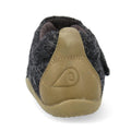 Rear view of the Bobux Xplorer XP Marvel Felt Charcoal Grey Olive kids' shoe, featuring a textured dark gray upper, soft felt finish, light brown rubber sole and heel, suede toe cap, and a raised logo on the back., 9420075786721, 9420075786646, 9420075786707, 9420075786752