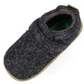 A Bobux Xplorer XP Marvel Felt Charcoal Grey Olive slipper with a fuzzy wool texture, closed toe, beige rubber sole, and suede toe cap, shown from above and angled to the side., 9420075786721, 9420075786646, 9420075786707, 9420075786752