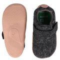 Top-down and bottom-up views of the Bobux Xplorer XP Marvel Felt Charcoal Pink baby shoe, featuring natural charcoal gray felt, a pale pink textured rubber sole with a small heart design, and a Velcro strap, shown on a white background., 9420075786691, 9420075786745, 9420075786714, 9420075786738