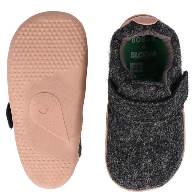 Top-down and bottom-up views of the Bobux Xplorer XP Marvel Felt Charcoal Pink baby shoe, featuring natural charcoal gray felt, a pale pink textured rubber sole with a small heart design, and a Velcro strap, shown on a white background., 9420075786691, 9420075786745, 9420075786714, 9420075786738