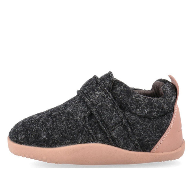 The Bobux Xplorer XP Marvel Felt Charcoal Pink is a single dark gray felt baby shoe with a light pink rubber sole and heel, velcro strap, scuff-resistant toe cap, and rounded toe, shown from the side on a white background., 9420075786691, 9420075786745, 9420075786714, 9420075786738