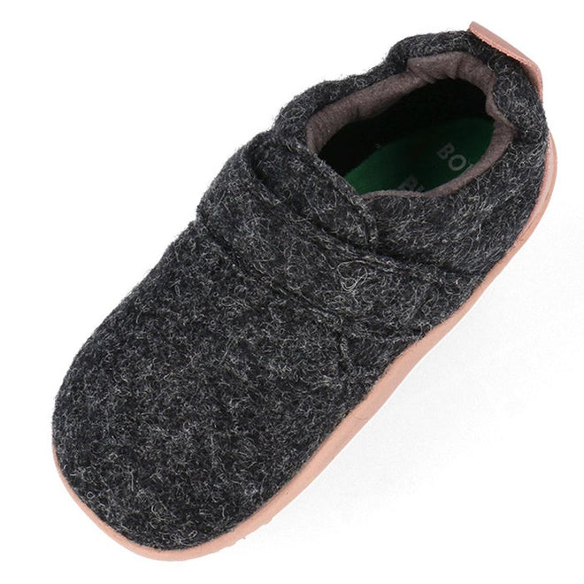 The Bobux Xplorer XP Marvel Felt Charcoal Pink is a single dark gray woolen baby shoe with a textured surface, light pink sole, and rounded toe—natural felt and flexible sole make it perfect for growing feet., 9420075786691, 9420075786745, 9420075786714, 9420075786738