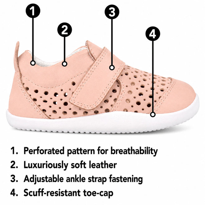 A bobux xplorer puch with air holes for areation baby shoe with a perforated upper, hook-and-loop strap, and white sole, shown with numbered callouts and text describing features like breathability, soft leather, adjustable strap, and toe cap protection., 9420075785700, 9420075785663, 9420075785670, 9420075785762
