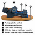 Introducing the Bobux IWalk Strand Sandal in Retro Green—a stylish open toe sandal for toddlers. Key features include a padded collar, adjustable strap, wide toe-straps, and a durable synthetic rubber sole. Each detail is thoughtfully designed to provide comfort, breathability, and support for little feet. Crafted from washable leather for easy care and lasting durability, these sandals ensure the perfect fit for active days thanks to their adjustable straps.