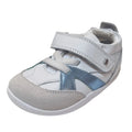 The Bobux Xplorer XP Chase White Blue Jelly Mint First Walker Crawler is a stylish leather baby sneaker in white and gray with blue accents, gray laces, and a Velcro strap—shown angled on a white background—making it the perfect pre-walker shoe for little ones.