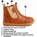 The Bobux Iwalk Billie Toddlers Leather Boot in Tibitan Red (652004) features a rubber sole, heel loop, leather lining, child-friendly side zip, elastic gusset for comfort, and a flexible, durable design for natural movement., 9420068543799,
9420068543805,
9420068543812,
9420068543829,
9420068543836,