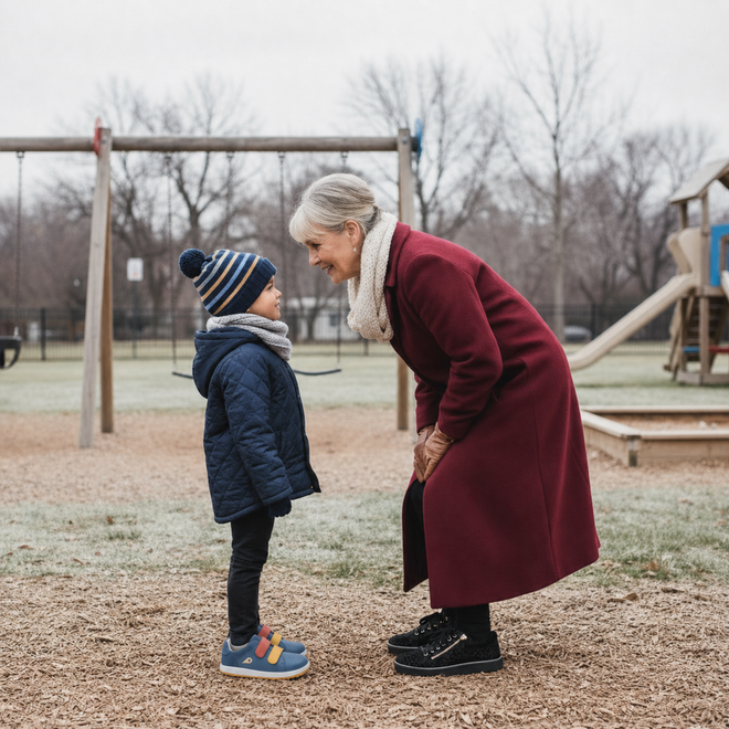 An older woman in a red coat smiles warmly at a young boy wearing a blue jacket, hat, and Bobux IW Iwalk Breakpoint Leather Coronet Blue sneakers as they face each other in a playground on a chilly day with swings in the background., 9420074817709, 9420074817716, 9420074817723, 9420074817730
