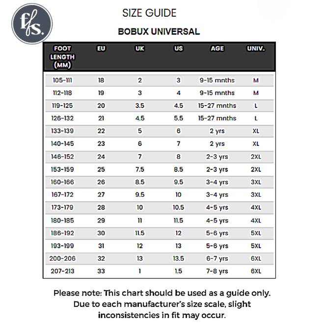 Shoe size chart for Bobux Step Up Grass Court Hi Boot Navy shows foot lengths in mm, EU/UK/US sizes, age ranges 9 months–8 years, universal sizes S-6XL, and a note that sizing may vary. Perfect for toddlers and sneakers fans., 9420075771741, 9420075774490, 9420075778368