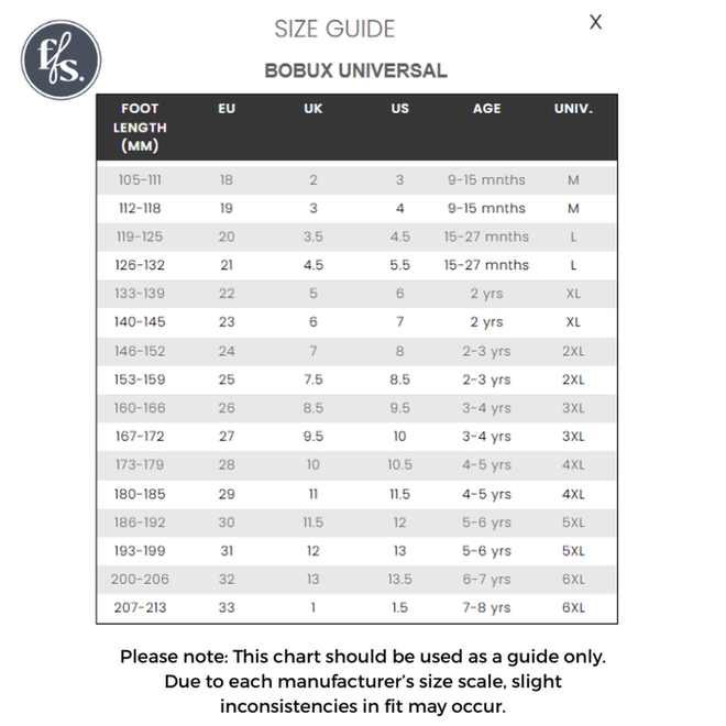 Size guide for Bobux KP Kids Plus Grass Court II Leather Sneaker Vintage Indigo Blue, showing foot length (mm), EU/UK/US sizes, ages, universal sizes M-6XL. Note: fit may differ by brand., 9420074859440, 9420074859457, 9420074859464, 9420074859471, 9420074859488, 9420074859495, 9420074859501