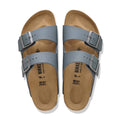 A pair of BIRKENSTOCK Arizona Birko Flor Balsat Grey regular width 2-strap sandals with adjustable buckles, cork-latex footbeds, and beige soles, shown from above on a white background., 51737, 51738, 51739, 4067707675807, 4067707675845, 4067707675883, 4067707675920, 4067707675968, 4067707676002, 4067707676040, 51747, 51748, 51749