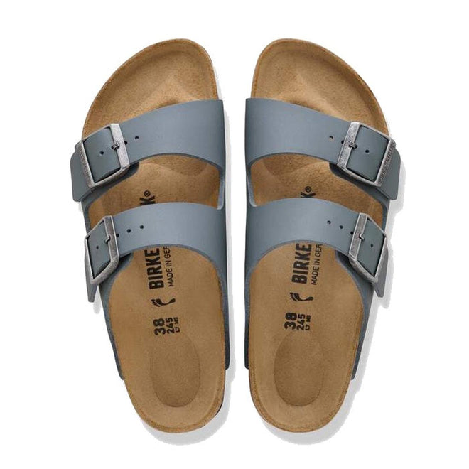 A pair of BIRKENSTOCK Arizona Birko Flor Balsat Grey regular width 2-strap sandals with adjustable buckles, cork-latex footbeds, and beige soles, shown from above on a white background., 51737, 51738, 51739, 4067707675807, 4067707675845, 4067707675883, 4067707675920, 4067707675968, 4067707676002, 4067707676040, 51747, 51748, 51749
