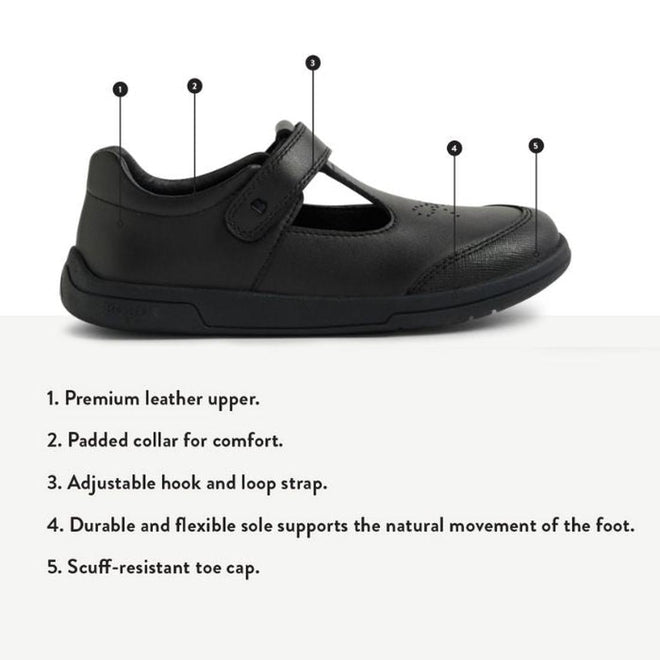The Bobux Kid+ Black School Leather Shoe Bubbles T Bar is shown with callouts on its premium leather upper, padded collar, adjustable hook-and-loop strap, flexible sole, and scuff-resistant toe cap., 48381, 9420074842169, 9420074842176, 9420074842183, 9420074842190, 9420074842206, 9420074842213
