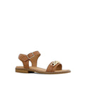 Clarks Girls Amy Tan Leather Sandal Special Occasion features an adjustable ankle strap with buckle, open toe, and a gold chain detail on the front strap, shown on a white background.