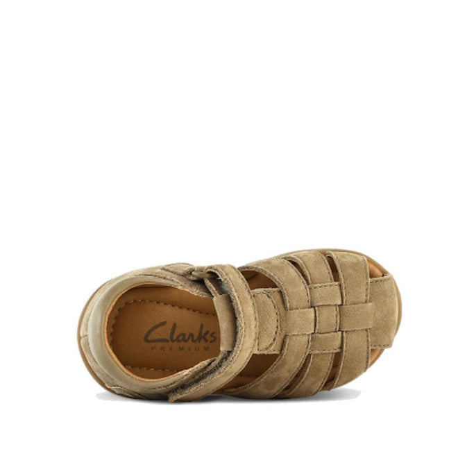 A top view of the Clarks Marcus Toddlers Taupe Leather Sandal (E Width) shows woven premium leather straps, a protective cage toe, and a hook-and-loop closure, all set against a white background., 9336078595591, 9336078595638, 9336078595676, 9336078595713, 9336078595751, 9336078595799