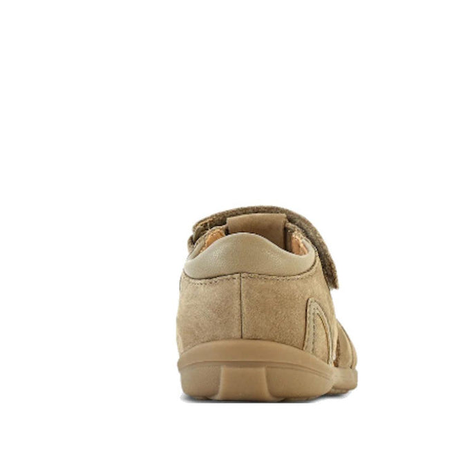 The Clarks Marcus Toddlers Taupe Leather Sandal, E average width, is shown from the back on a white background, featuring a rubber sole, velcro strap, and protective cage toe for safety., 9336078595591, 9336078595638, 9336078595676, 9336078595713, 9336078595751, 9336078595799