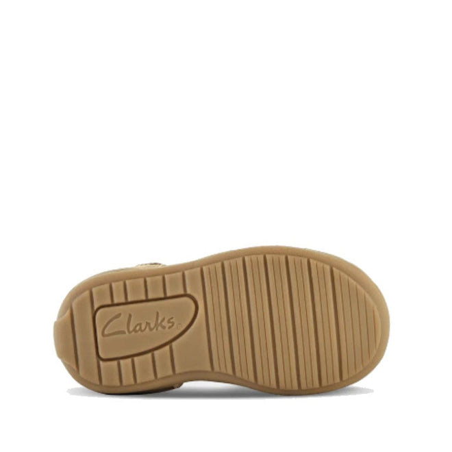The image shows the light brown rubber sole of the Clarks Marcus Toddlers Taupe Leather Sandal (E width) viewed from below, with a mix of grooved and smooth sections and the Clarks logo embossed on the heel., 9336078595591, 9336078595638, 9336078595676, 9336078595713, 9336078595751, 9336078595799