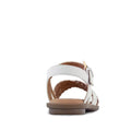 A close-up rear view of Clarks - Girls Hallie White Sandals E Average Width, showcasing a flat brown sole, woven straps, and secure buckle fastening against a plain white background., 9336078590978, 9336078590992, 9336078591012, 9336078591036, 9336078591050, 9336078591074, 9336078591098, 9336078591111, 9336078591135