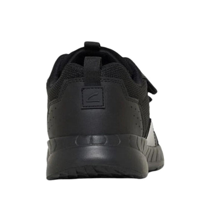 Rear view of the Clarks Henrik Black School Shoe Trainer Style, showing its textured sole, mesh upper, and heel pull tab—an ideal comfortable kids' shoe—set against a plain white background., 44169, 44170, 44171, 44172, 44173, 44174, 44175, 44176, 44177, 9336078300409