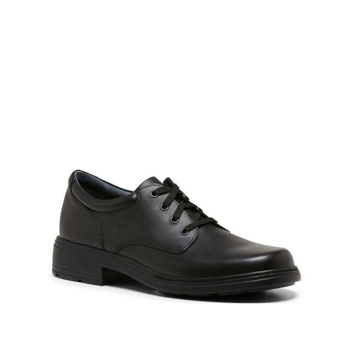 The Clarks Infinity Senior C black leather lace-up shoe features a rounded toe, low heel, and narrow fit—displayed on a white background. Orthotic friendly and ideal as a comfortable school shoe.