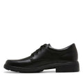 The Clarks Infinity Senior C (Narrow width) is a black leather lace-up dress shoe with a low heel and rounded toe, orthotic-friendly and designed for all-day comfort—shown in side profile on a white background., 42197, 9314300438076, 9314300438113, 42200, 9314300438199
