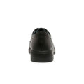 Rear view of Clarks - Infinity Senior C school shoe, black leather, lace-up style, low heel, narrow width, shown against a plain white background., 42197, 9314300438076, 9314300438113, 42200, 9314300438199