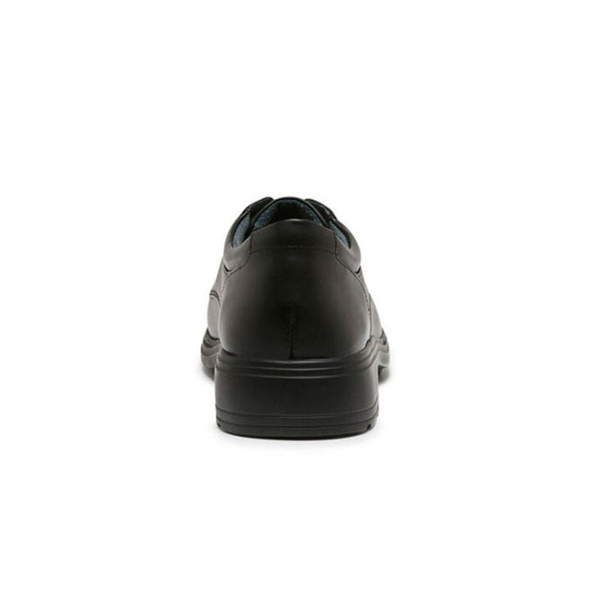 Rear view of Clarks - Infinity Senior C school shoe, black leather, lace-up style, low heel, narrow width, shown against a plain white background., 42197, 9314300438076, 9314300438113, 42200, 9314300438199