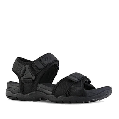 The Clarks Kids Theo Black School Sandal features adjustable hook-and-loop straps, a cushioned sole, and rugged tread—making it ideal for outdoor adventures or as comfortable school footwear.